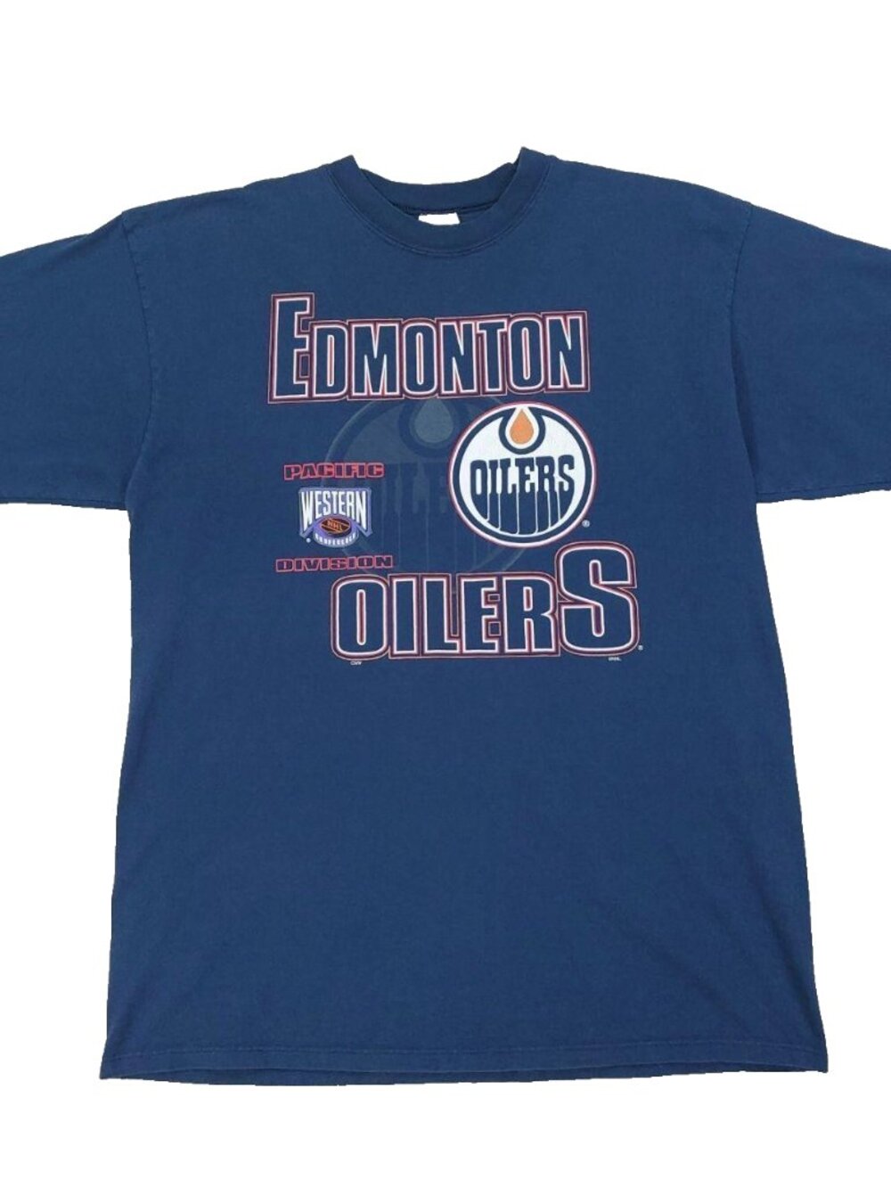 Vintage 90s Edmonton Oilers T-Shirt XL, NHL Canadian Hockey Navy Graphic Tee